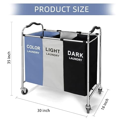Laundry Basket, Large Laundry Hamper with Wheels, 3 Section Laundry Bag Organizer for Dirty Clothes; Dorm Room Essentials, Towel & Toys Storage Laundry Cart in Laundry Room Organization -BLUE thumbnail 3