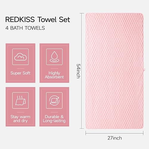 REDKISS 4 Pack Pink Microfiber Bath Towels - Extra Large Waffle Towels Set for Bathroom, Super Absorbent Towel Set of 4 Lagre, Quick Dry Bathroom Towel for Spa, Gym,Travel, Lint Free, Ultra Soft thumbnail 3
