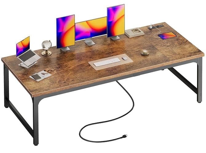 Huuger 71 x 31.5 Inch Desk with Power Outlets & USB-C, 1.2 Inch Thicker Desktop, Robust Metal Tubes, Deep Computer Desk, Heavy Duty Office Desk, Work Desk for Home Office, Rustic Brown - Image 1