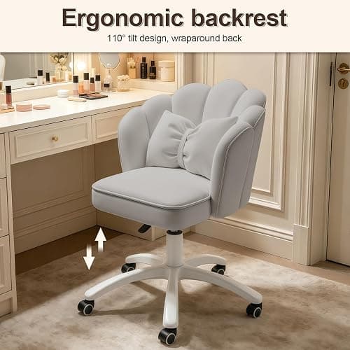 XUEGW Petal Desk Chair with Bow Cushion Velvet Vanity Chair with Wheels, Upholstered Home Office Chair for Girls Women, Mid-Back Swivel Computer Task Chairs for Living Room Bedroom thumbnail 7