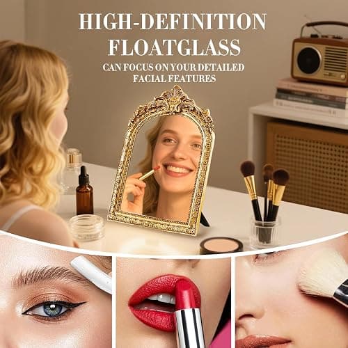 YUSONG Vintage Makeup Mirror for Tabletop - 8" Antique Gold Arched Desk Mirrors with Resin Frame Vanity Table Mirror for Bedroom Living Room Retro Decor thumbnail 7
