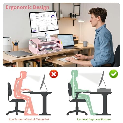 AUPSEN Pink Desk Organizers and Accessories, 2-Tier Wood Computer Monitor Stand with Drawer, Pen Storage & Phone Holder, Office Desk Accessories, Workspace Desktop Organization for Office Supplies thumbnail 3