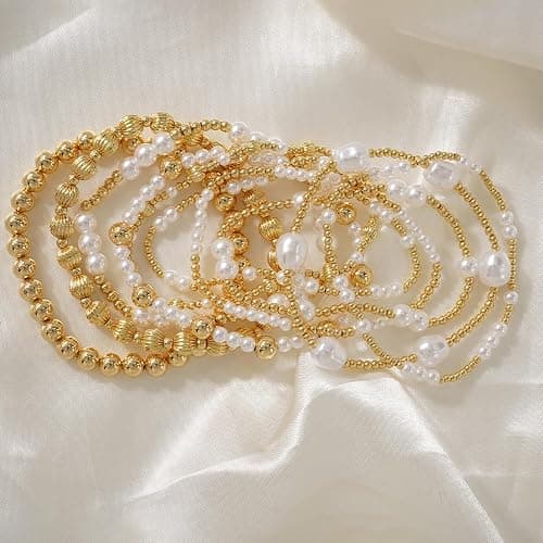 SHINUS BOHO Dainty Cross Clover Gold Beaded Pearl Bracelet Stack for Women,Handmade Boho Gold Plated Beads Stretch Stackable Bracelets Fashion Birthday Prom Jewelry Accessories Gift Friendship thumbnail 4