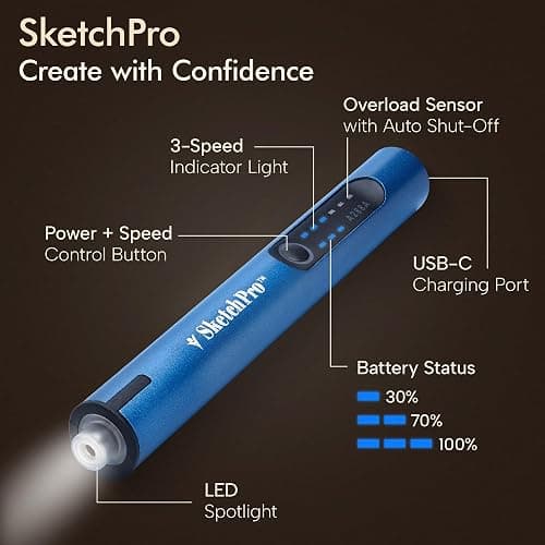 SketchPro Cordless Engraving Pen with LED Light – 3-Speed Precision Etching Tool for Wood, Metal, Glass & Plastic – USB-C Rechargeable, 26 Accessories – Ideal for DIY, Jewelry & Craft Projects thumbnail 8