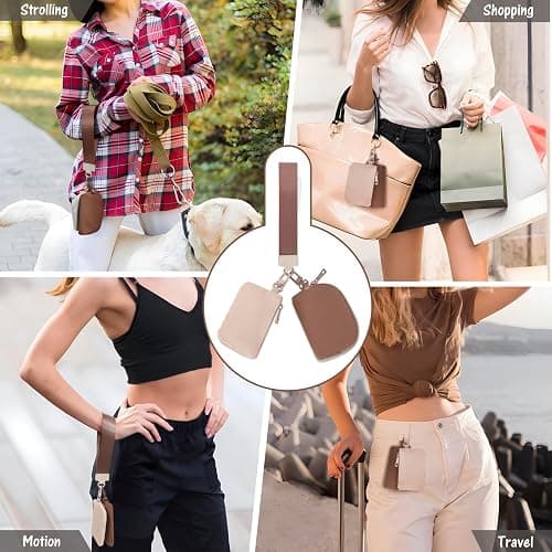 Viverte Mini Zip Around Keychain Wristlet Wallets Small Portable Dual Pounch Wristlet Detachable Coin Purse Pocket Gifts for Women Travel Sports Outdoors (Beige+Brown) thumbnail 7