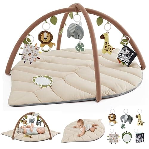Blissful Diary Baby Play Gym & Activity Mat, Leaf Shaped Baby Tummy Time Play Mat with 6 Detachable Toys, Promotes Motor Skills & Sensory Development, Newborn Baby Essentials Gift, Oatmeal Beige - Oatmeal Beige