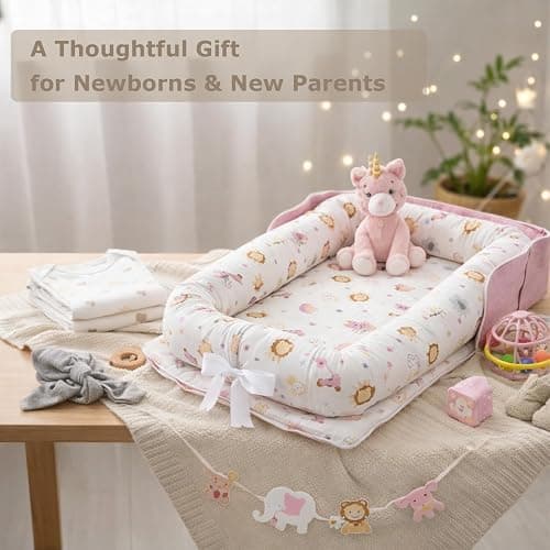 Loevin Baby Lounger for Newborns & Infants 0–24 Months, 100% Cotton Breathable Infant Support Cushion with Adjustable Size, Portable Baby Nest for Home and Travel, Baby Shower Gift (Animal World Pink) thumbnail 7