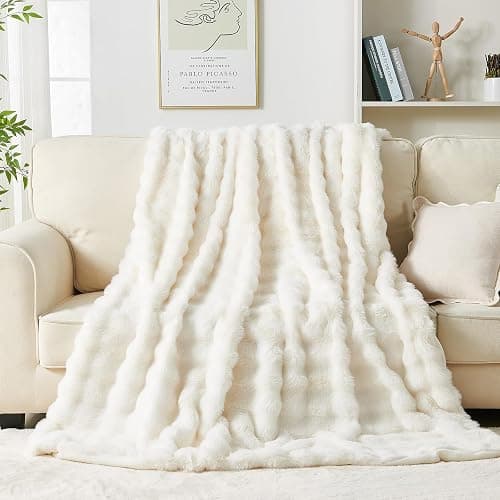 Jeyfull Fluffy Luxury Faux Rabbit Fur Throw Blanket - Cozy Fuzzy Plush - Thick Warm Decorative - Queen Size 90''x90'', Cream White thumbnail 2