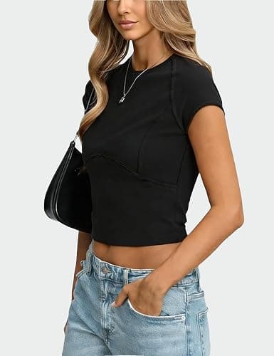 Aimiray Women's Y2k Tops Tight Fitting Baby Tees Going Out T Shirt Basic Short Sleeve Crew Neck Cotton Summer Tops thumbnail 2