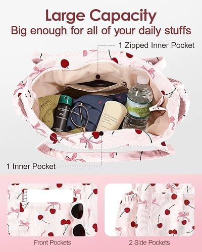 Miss Adola Large Corduroy Tote Bag for Women - Cute Shoulder Reusable Bags with Zipper Multi-Pocket for School thumbnail 5
