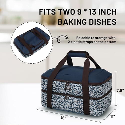 MIER Insulated Casserole Carrier Fits 9"x13" Baking Dishes/Foil Pans, Double Food Carriers Bag Thermal Holder for Hot or Cold Food Lasagna Lugger Potluck Parties Picnic Travel, Deep Blue thumbnail 3
