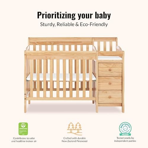 Dream On Me Jayden 4-in-1 Convertible Mini Baby Crib with 3 Drawer Changer | Converts to Daybed & Twin Size Bed, Wooden Crib with Mattress, 3 Adjustable Heights, GREENGUARD Gold & BSA Verified, Natural thumbnail 5