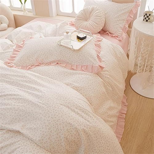 MKXI Full Size Small Floral Ruffle Comforter Set - 3 Piece Countryside Floral Comforter with Pillow Shams, Reversible White Pink Princess Bedroom Collection, Soft Aesthetic Bedding Set for Teen Girls thumbnail 5