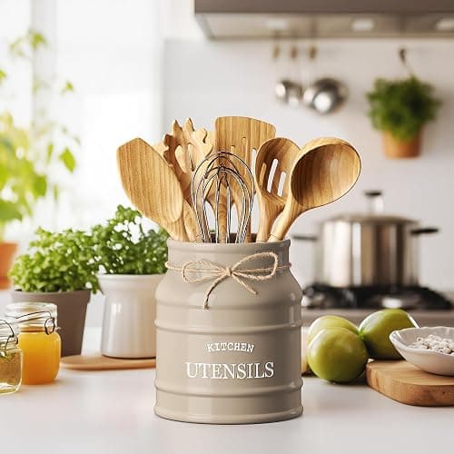 Barnyard Designs Ceramic Farmhouse Utensil Holder for Kitchen Counter, Large Rustic Utensil Crock, Countertop Cooking Tool Spatula Organizer, 6.75” (Taupe) thumbnail 2