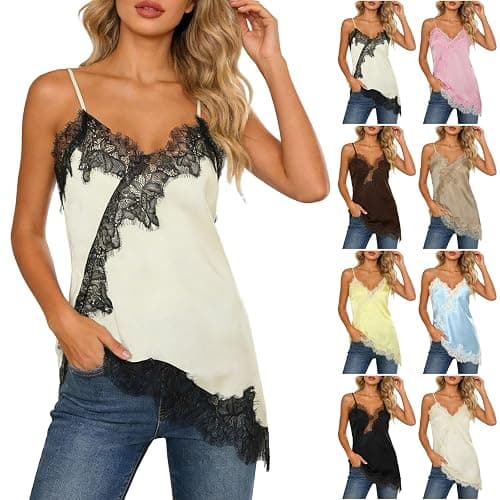 Figdews Damen Satin Cami Top Unterhemden Spaghettiträger Basic Top Verstellbarer Spaghetti Strap V-Ausschnitt Camisole Tank Top thumbnail 6
