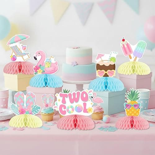 Funmemoir Two Cool Pool 2nd Birthday Honeycomb Centerpieces - 8 Piece Double Sided Summer Swimming Beach Theme Table Decor for Girls Second Birthday Party Macaron Color thumbnail 3