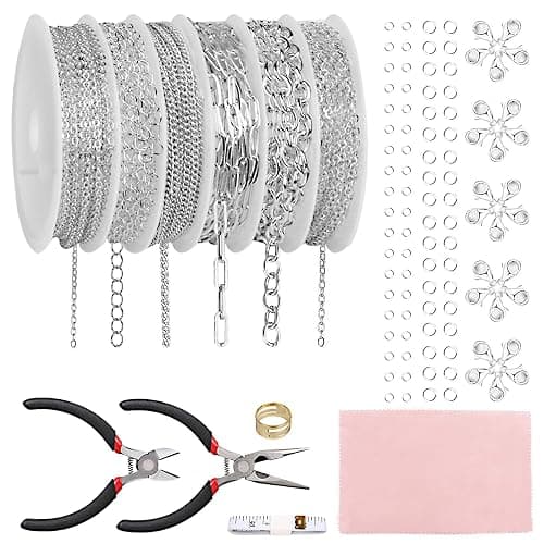 Fesorsi Silver Necklace Chain for Jewelry Making, 46ft 6 Style Rolled Steel DIY Jewelry Chain Roll Bracelet Bulk Link Plated Permanent for Earring Anklet Craft with Jump Ring, Lobster Clasp, Pliers - Image 1