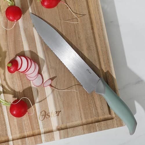 Oster Lindbergh 14 Piece Stainless Steel Kitchen Knife Block Set - Sage Green W/Black Knife Block - 14-Piece Knife Block Set - Lindbergh Sage Green thumbnail 3