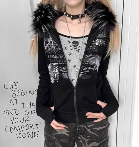 GOTHPICKUS Y2K Grunge Faux Fur Hoodies For Women Zip Up Vintage Punk Gothic Graphic Jacket Long Sleeves Ribbing Streetwear thumbnail 2