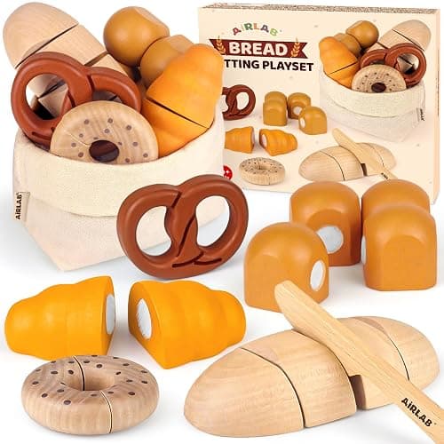 Airlab Pane da Tagliare Giocattolo, Accessori Cucina Giocattolo Legno per Bambini Bambina, Set Cibo Finto Giocattolo per Cucina Bambini, Regalo Bambino Compleanno Pasqua Halloween Natale 3 4 5+ Anni - Image 1