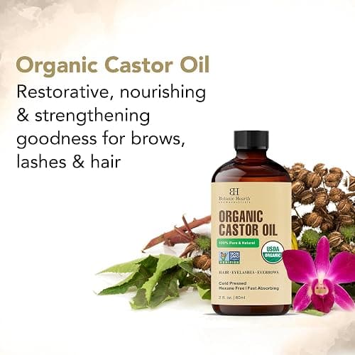 Botanic Hearth Castor Oil for Hair (2 fl oz) | USDA Organic | 100% Pure, Cold Pressed & Hexane Free | For Hair, Eyelashes, Eyebrows & Scalp Treatment | With Lash & Brow Brush thumbnail 5
