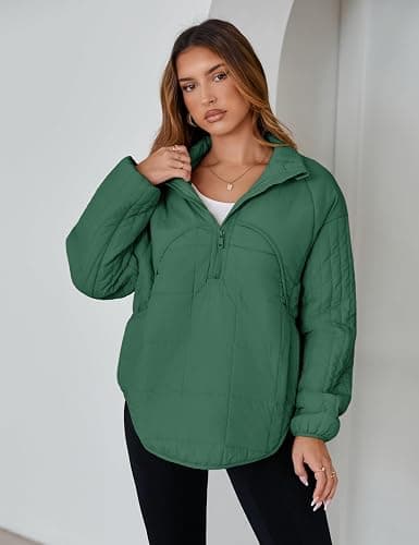 Daacee 2025 Oversized Lightweight Quilted Pullover Jacket for Women Half Zip Puffer Jackets Padded Outwear with 4 Pockets - Green - Medium thumbnail 2