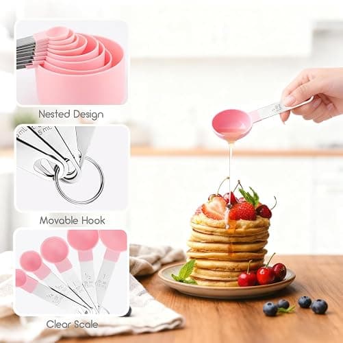 Measuring Cups and Spoons Set, 10 Pieces Stackable Measure Tools with Stainless Steel Handles, Kitchen Gadgets for Cooking & Baking (Pink) thumbnail 4