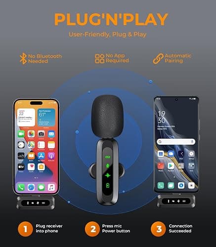 Wireless Microphone for iPhone & Android, Mini Plug & Play Lavalier Mic - 6H Battery, Zero Delay, Studio Sound thumbnail 3