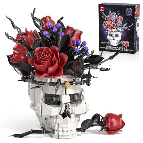 Skull Roses Flower Bouquet Building Set, Goth Horror Skeleton Botanical Collection for Adults Home Table Art Decor, Gift for Birthday & Valentines Day for for Women & Kids Ages 14+. - Image 1