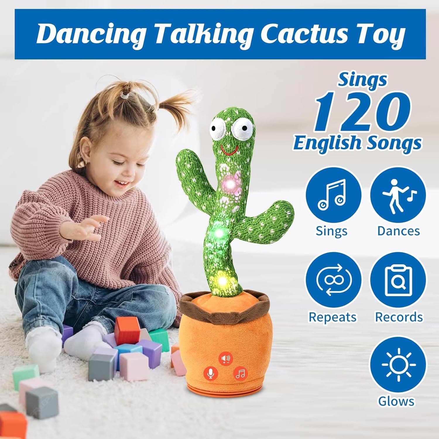 SSnDdm Dancing Talking Cactus Toy for Baby Toddler, Boys Girls Gifts, Singing Mimicking Cactus Recording Repeating What You Say, 120 English Songs, Cactus That Talks Back thumbnail 3