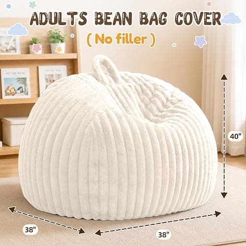 Bean Bag Cover No Filler Stuffed Animal Storage Bean Bag Chair Cover | Soft Faux Rabbit Fur,Non-Slip Bottom,Durable Zipper,Fill with Plush Toys or Blankets,for Adults Teens Kids Girls,Ivory thumbnail 2