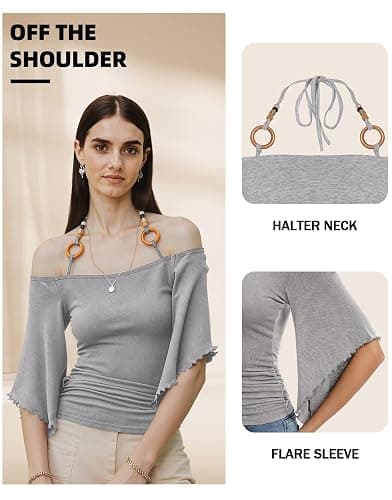 Off The Shoulder Tops for Women, Casual Bell Sleeve 3/4 Length Going Out Halter Neck Top thumbnail 3