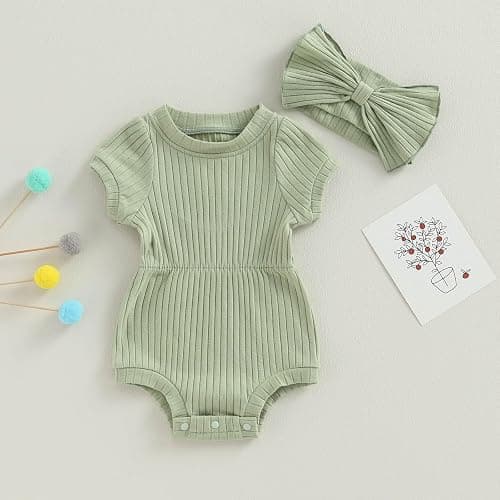 FOCUSNORM Baby Girl Summer Clothes Ribbed Short Sleeve Romper Solid Color Bodysuits Bow Headband Outfit Newborn Girl Jumpsuit thumbnail 5