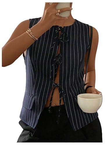 MakeMeChic Women's Striped Bow Tie Front Blouse Crew Neck Sleeveless Vest Top - Image 1