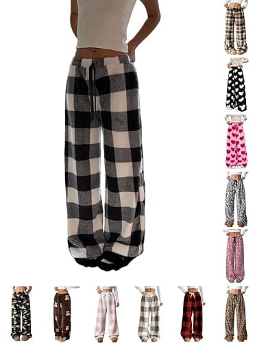 Women's Warm Fleece Pajama Pants Y2K Fluffy Plush Cute Printed Elastic Waist Winter Warm Soft Pj Bottoms Checkered - Image 1