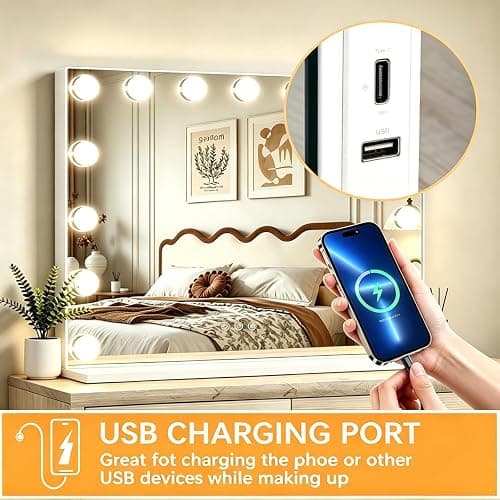 KIMLOONG Hollywood Vanity Mirror with Lights, 23×18 Inch Lighted Makeup Mirror with 3 Color Lights, 15 Dimmable LED Bulbs, USB Charging Port for Dressing Room & Bedroom, Aluminum Metal Frame thumbnail 6