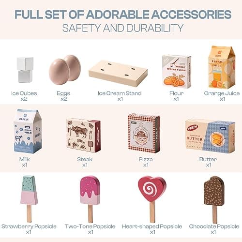 ROBUD Fridge Refrigerator with Ice Dispenser, Wooden Play Fridge Freezer Set for Kids, Toddler Kitchen Playset with Full Accessories Pretend Play Set, Gift for Boys & Girls, Age 3+ thumbnail 8