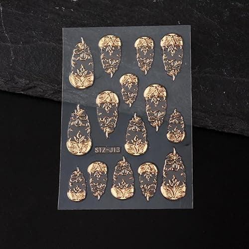 Gold Nail Art Stickers 3D Self-Adhesive Golden Foil Leaf Nail Decals Nail Art Supplies 3PCS Metallic Totem Leaves Summer Nails Design Embossed Sticker Manicure Sliders for Women DIY Nail Decorations thumbnail 6