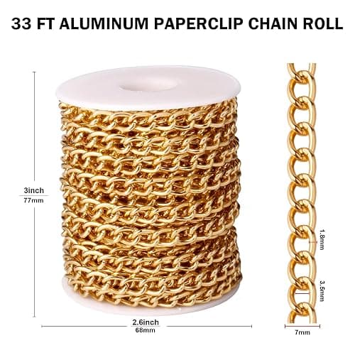 [33ft] Gold Chain for Jewelry Making, 7mm Wide Gold Aluminum Curb Link Chain Roll Bulk for DIY Jewelry Making Craft thumbnail 3