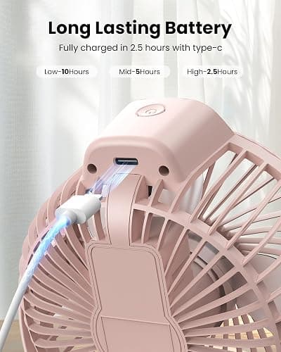 Koonie Portable Clip On Fan, Small USB Battery Operated, 3 Speed Rechargeable Mini Pink With LED Display, 360° Rotate Personal Cooling for Desk Stroller Travel Camping Golf Gym thumbnail 6