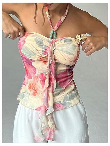 Milumia Women's Boho Floral Ruffle Trim Halter Top Sleeveless Backless Slim Fit Summer Tops - Image 1