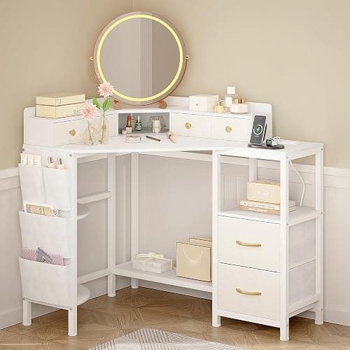 Espelism Corner Vanity Desk with Charging Station, 49.6" Makeup Table with Fabric Drawers & Side Pocket, Space-Saving Dressing Table for Small Space Bedroom Dorm(White) - Image 1