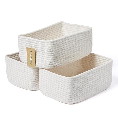MiniArk Small Storage Baskets for Organizing | Closet Organizer Bins | Shelf Toy Basket | Woven Rope Baskets | Cube Decorative Box | Shallow Basket | 11.5x7.5x4.7” | 3 Packs Off White - Image 1