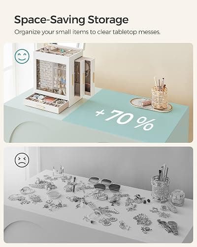 SONGMICS Jewelry Box with Glass Window, 5-Layer Jewelry Organizer with 3 Side Drawers, Jewelry Storage, with Big Mirror, Modern, 6.1 x 10.3 x 12.6 Inches, Cloud White and Metallic Gold UJBC162W01 thumbnail 7