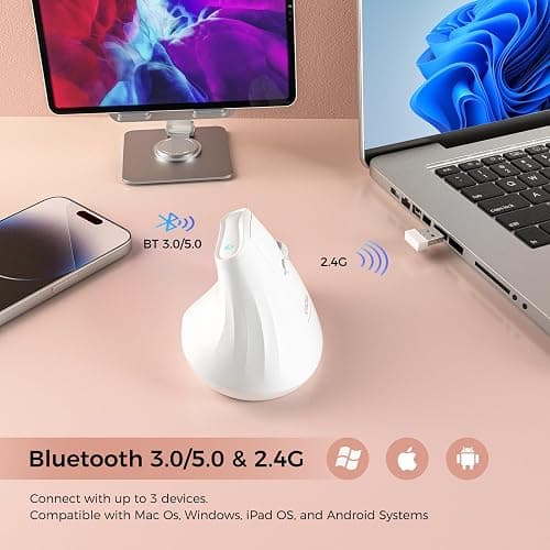 KYSONA 57° Ergonomic Wireless Tower Mouse, Vertical Quiet Ergo Mouse, Bluetooth(BT5.0,BT3.0)&2.4G, (800/1200/2400/2400/4000), 5 Buttons for Windows, macOS, iPadOS, Laptop, PC,White thumbnail 4