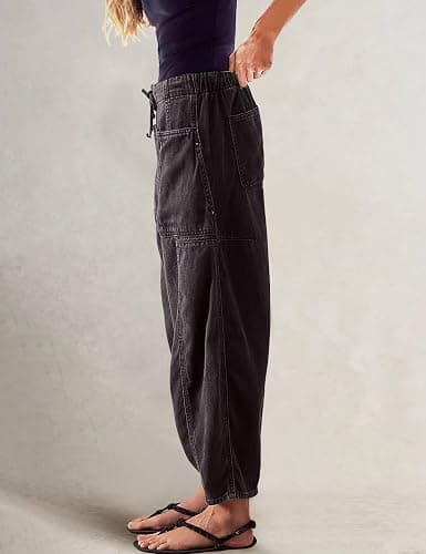 Buxitt Barrel Jeans for Women Stretch Elastic Waist Pull-on Wide Leg Baggy Pants Crop Denim with Drawstring thumbnail 3
