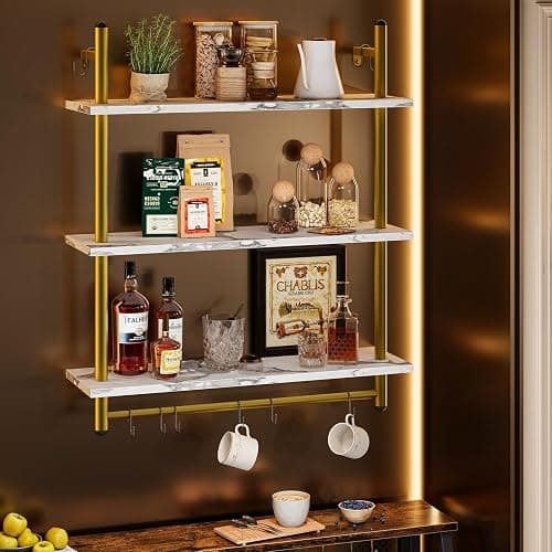 Bestier 31" Industrial Pipe Shelving, Floating Kitchen Wall Shelves 3 Tier Coffee Bar Shelves for Wall with 8 Hooks, Hanging Display Shelf Bookshelf for Living Room Bathroom, White Marble thumbnail 9