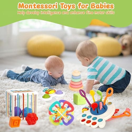 Baby Toys 6-12 Months,5 in 1 Montessori Toys for Babies 6-12 Months,Pull String Infant Teething Toys,Stacking Rings,Color Shape Sensory,Suction Cup Spinner Toys for 6-9-12 to 18 M+ Birthday Gifts thumbnail 4