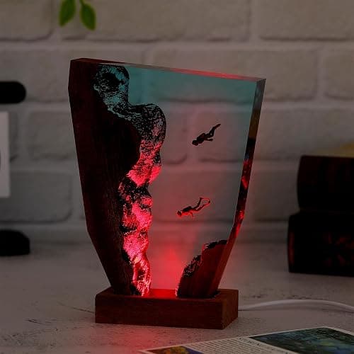 Drawelry Ocean Creative Epoxy Resin Wood Light Lamp, Handmade Multi Color Aquatic Ocean Lamp Deep Sea Diver Cave Diving Enthusiasts Led Night Light Desktop Decor Christmas Birthday Gift (Diving, S) thumbnail 6