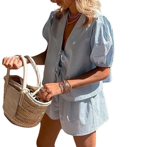 KMBANGI Women Y2K 2 Piece Shorts Set Peplum Puff Sleeve Babydoll Shirt Blouse Shorts Tie Front 2 Piece Pajamas Sets - Image 1